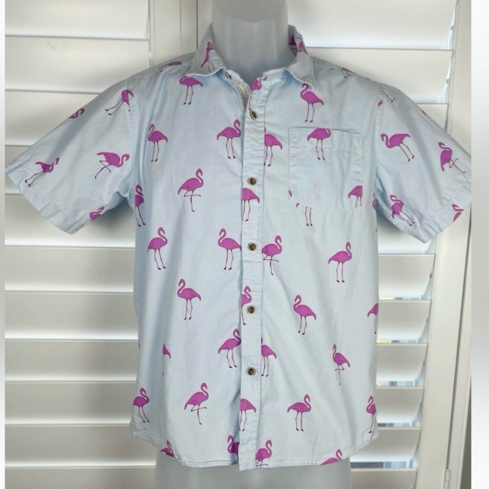 VSTR Premium Youth Boys Short Sleeve ButtonUp Shirt- Blue W Flamingos Sz L Kids